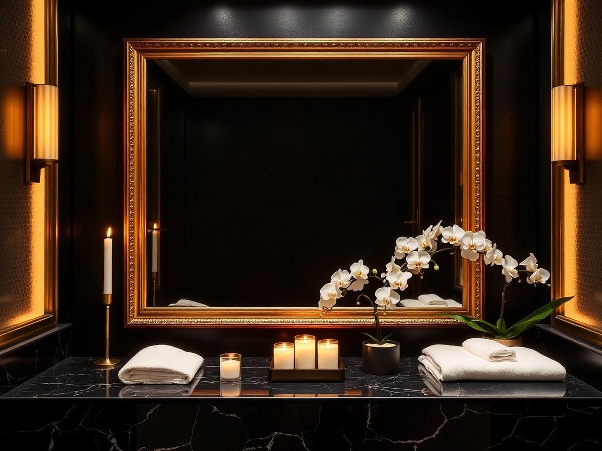 Detalhe do ambiente com espelho dourado e velas